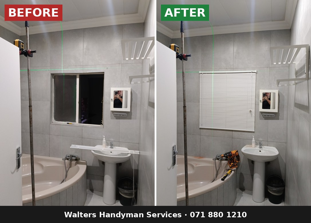 Before and after: bathroom window fitted with a new level roller blind