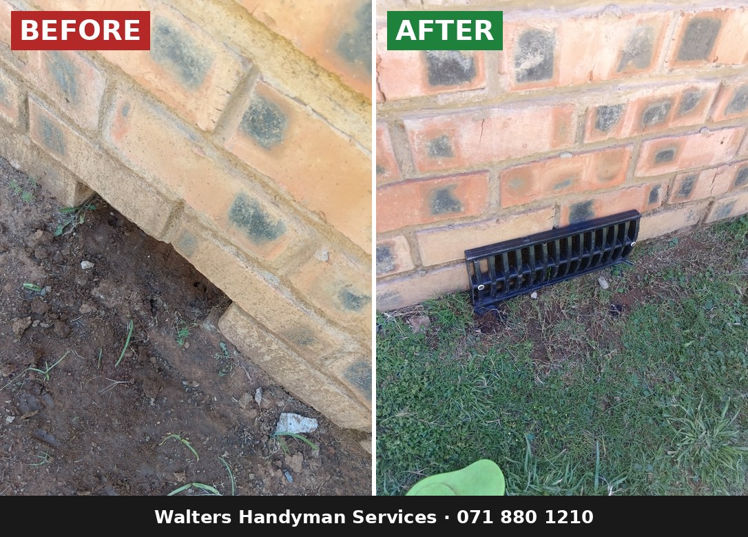 Before and after: dog-proof grids fitted over boundary wall drain openings