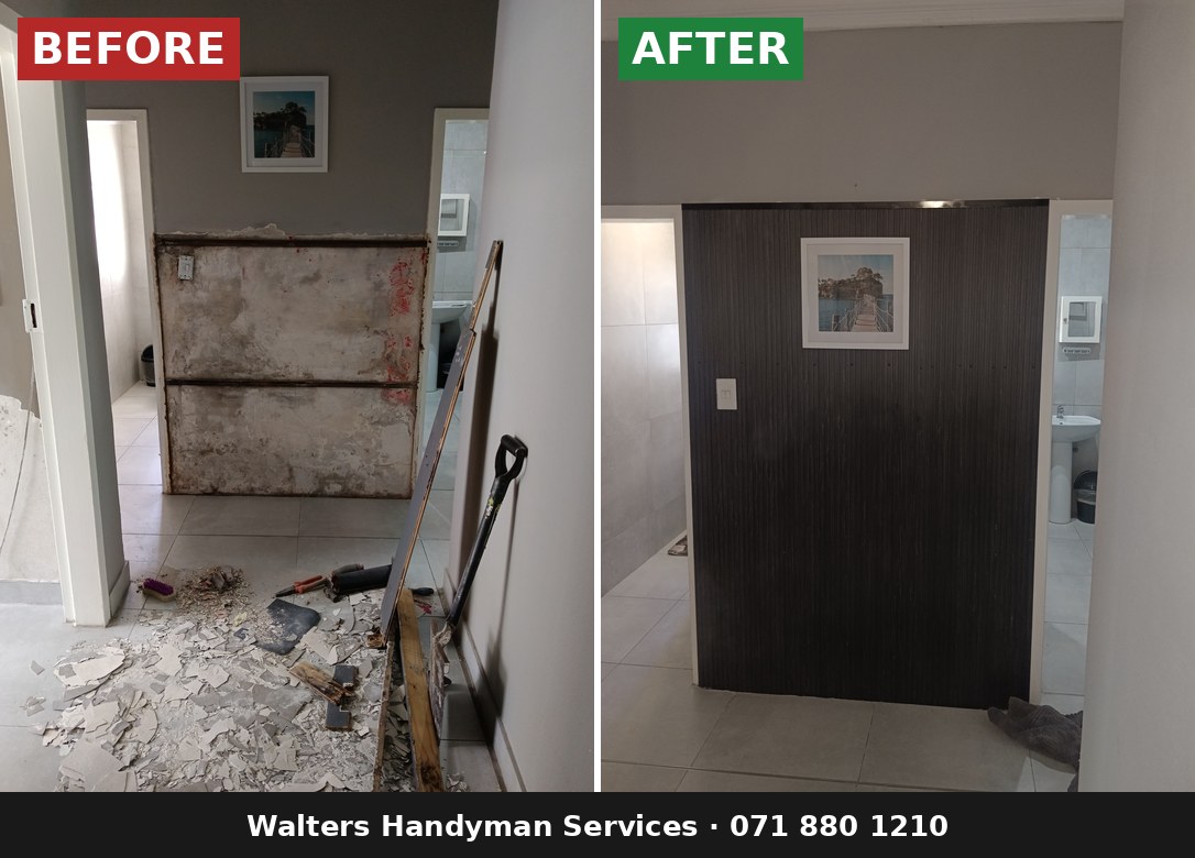 Before and after: stripped, damaged passage wall transformed into a dark fluted feature wall
